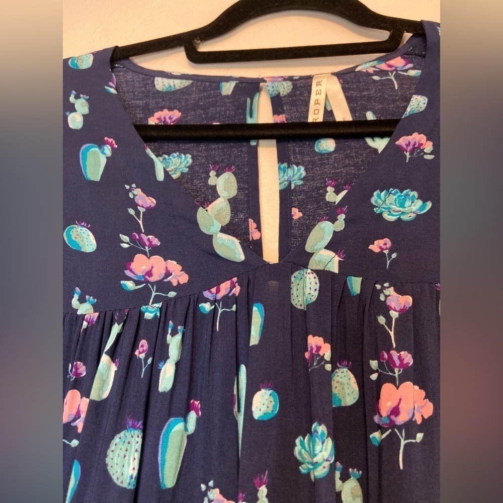 Roper~Navy Cactus Print Peasant Blouse~Empire Waist~Sheer Bell Sleeves~Size S - Picture 9 of 11